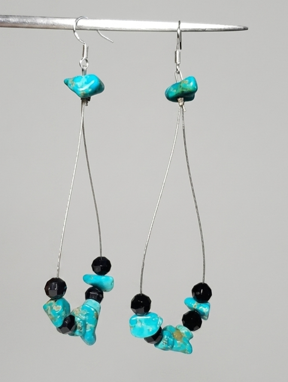 Turquoise 4" Dangle Earrings Black Faceted Chunk Chip Gemstone Heishi Beads Wire